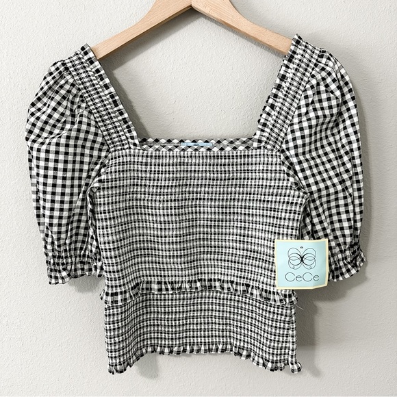 CeCe Tops - NWT CeCe Cotton Crop Top Puffy Sleeves Black & White Plaid Ruffled Size Small
